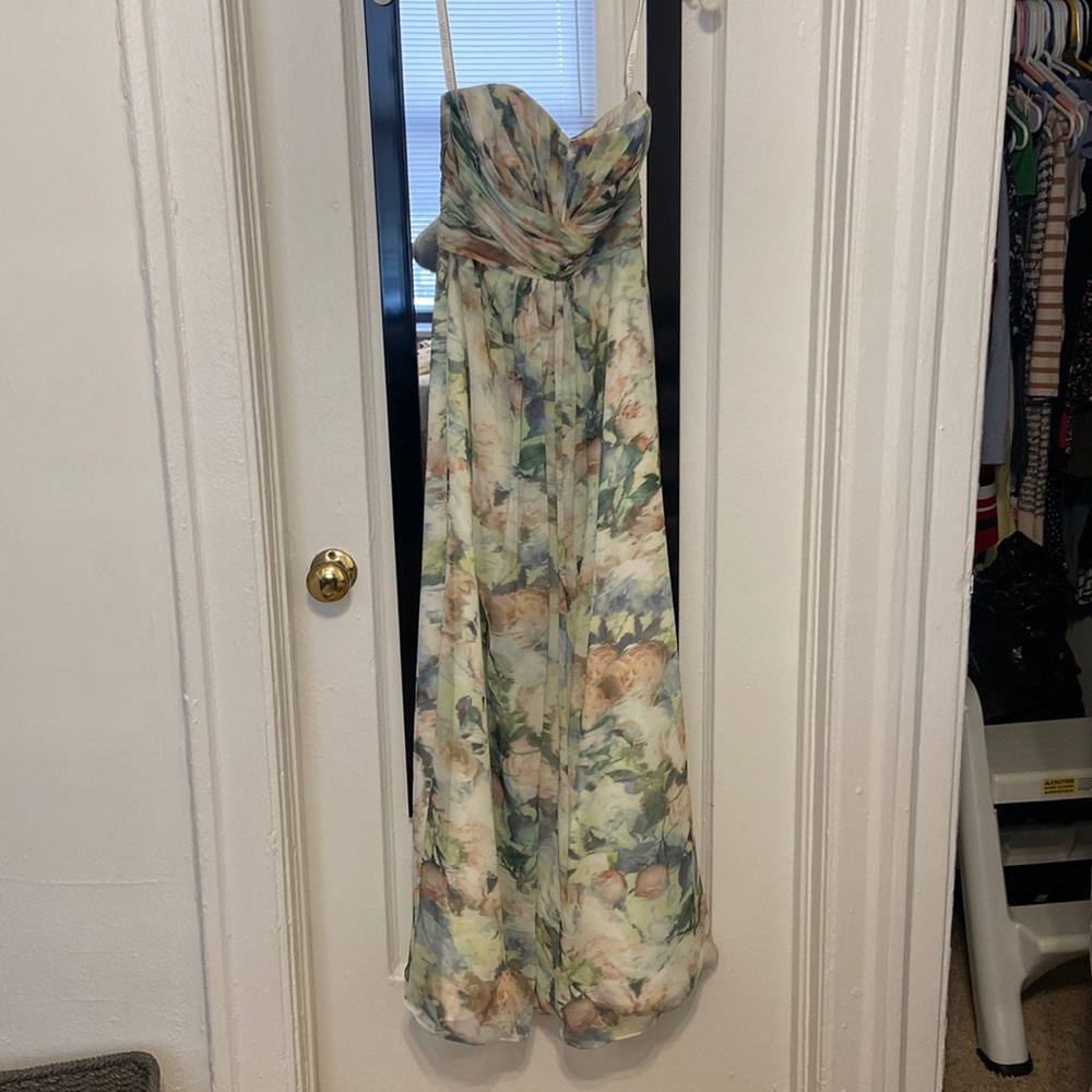 David Bridals Floor length strapless, floral dress. Size 0